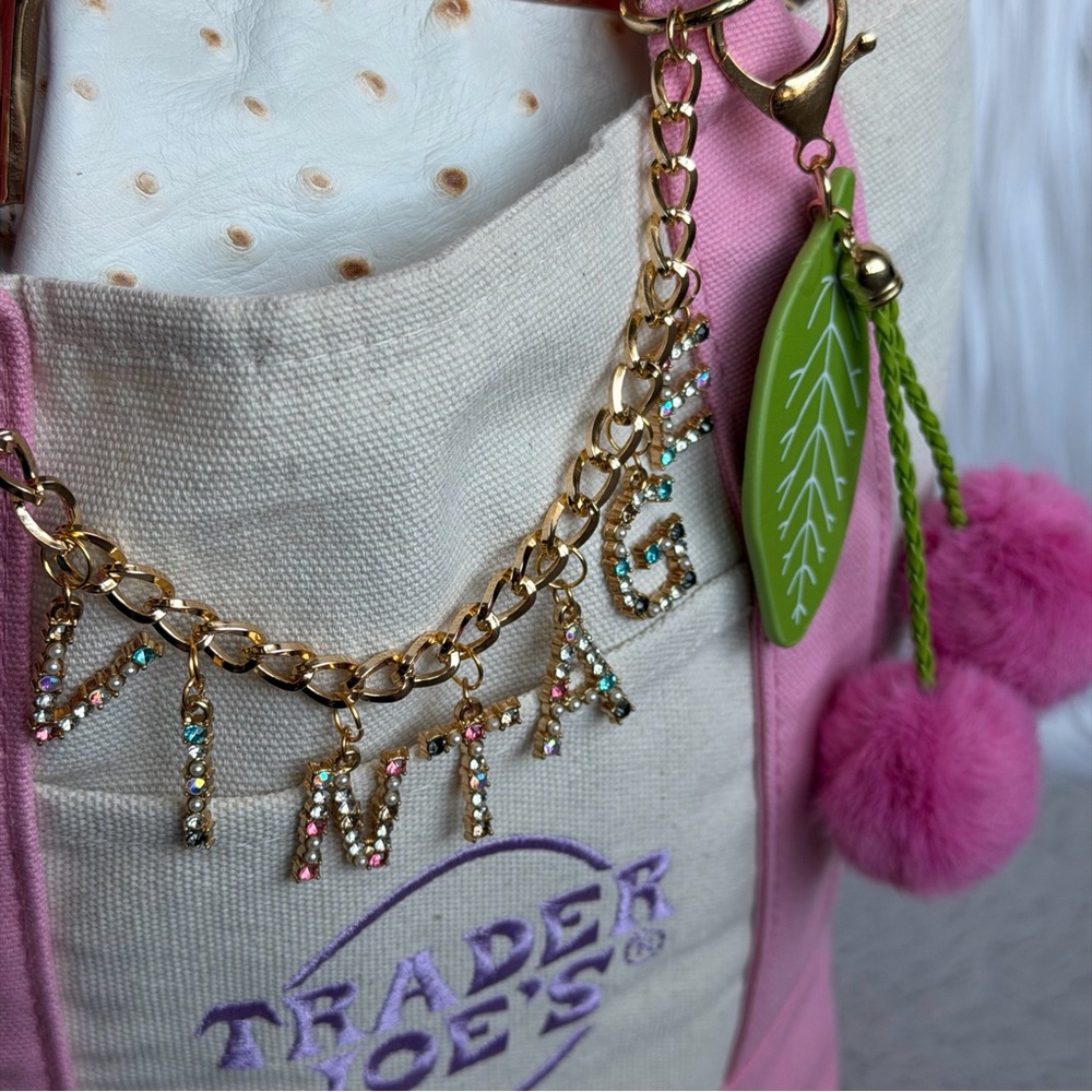 2026 Limited Edition Trader Joe’s Mini Pink Canvas Tote ‘VINTAGE’ & Cherry Charm